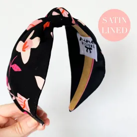 Black Floral Satin Lined Knot Headband