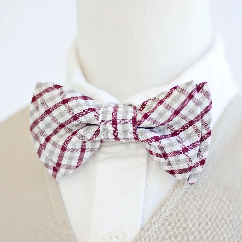 Boy's Necktie / Grey And Burgundy Plaid