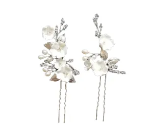 Calla Floral Porcelain and Freshwater Pearl Hair Pin Set