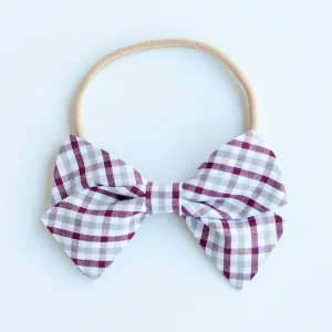 Classic Hair Bow Clip Or Headband / Grey And Burgundy Plaid