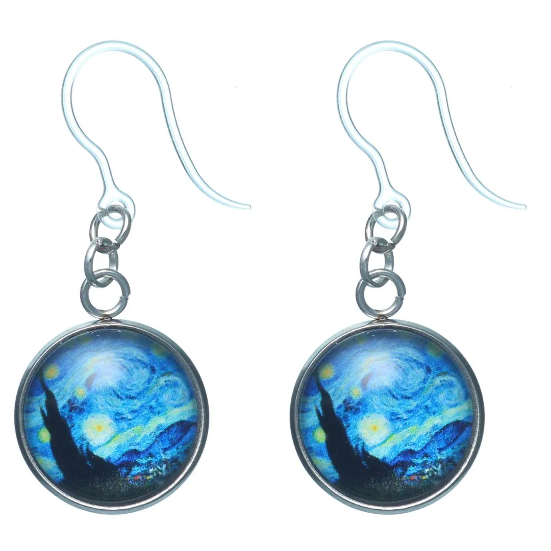 Glass Van Gogh Starry Night Dangles Hypoallergenic Earrings for Sensitive Ears Made with Plastic Posts