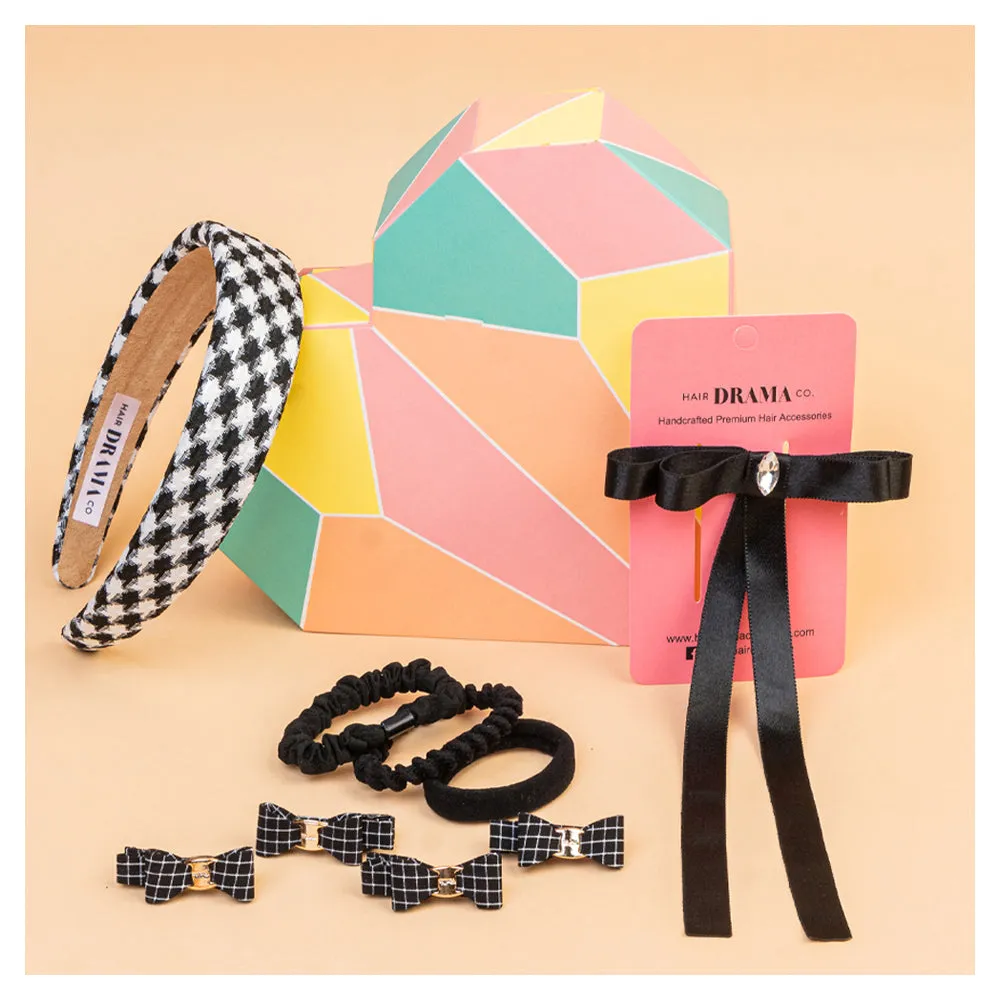 Hair Drama Co Dreamy Gift Box with 1 Hair Band, 1 Ribbon Hair Bow, 4 Mini Bow Hair Pins & 3 Hair Ties - Black