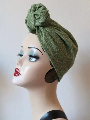 SMALL KNOT Green Tweed (Full Coverage) 1940s Style Pre-tied Turban